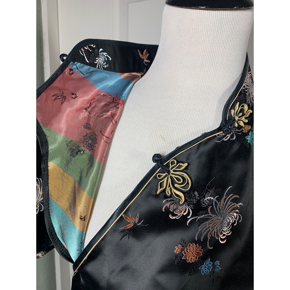 Vtg 70s Chinese Cheongsam Qipao Maxi Dress Black Floral Satin Rainbow Lining 38 - Picture 10 of 13